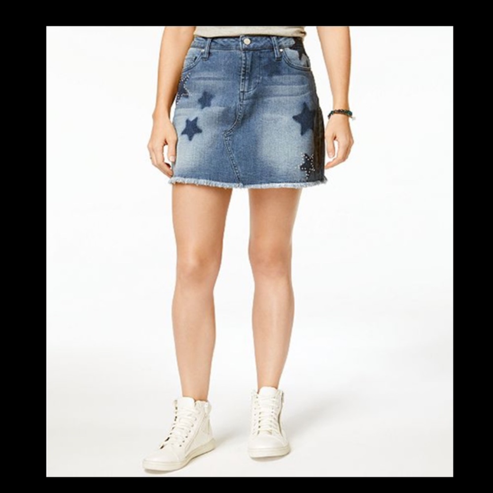 Tinseltown Embroidered Raw-Edged Denim Skirt